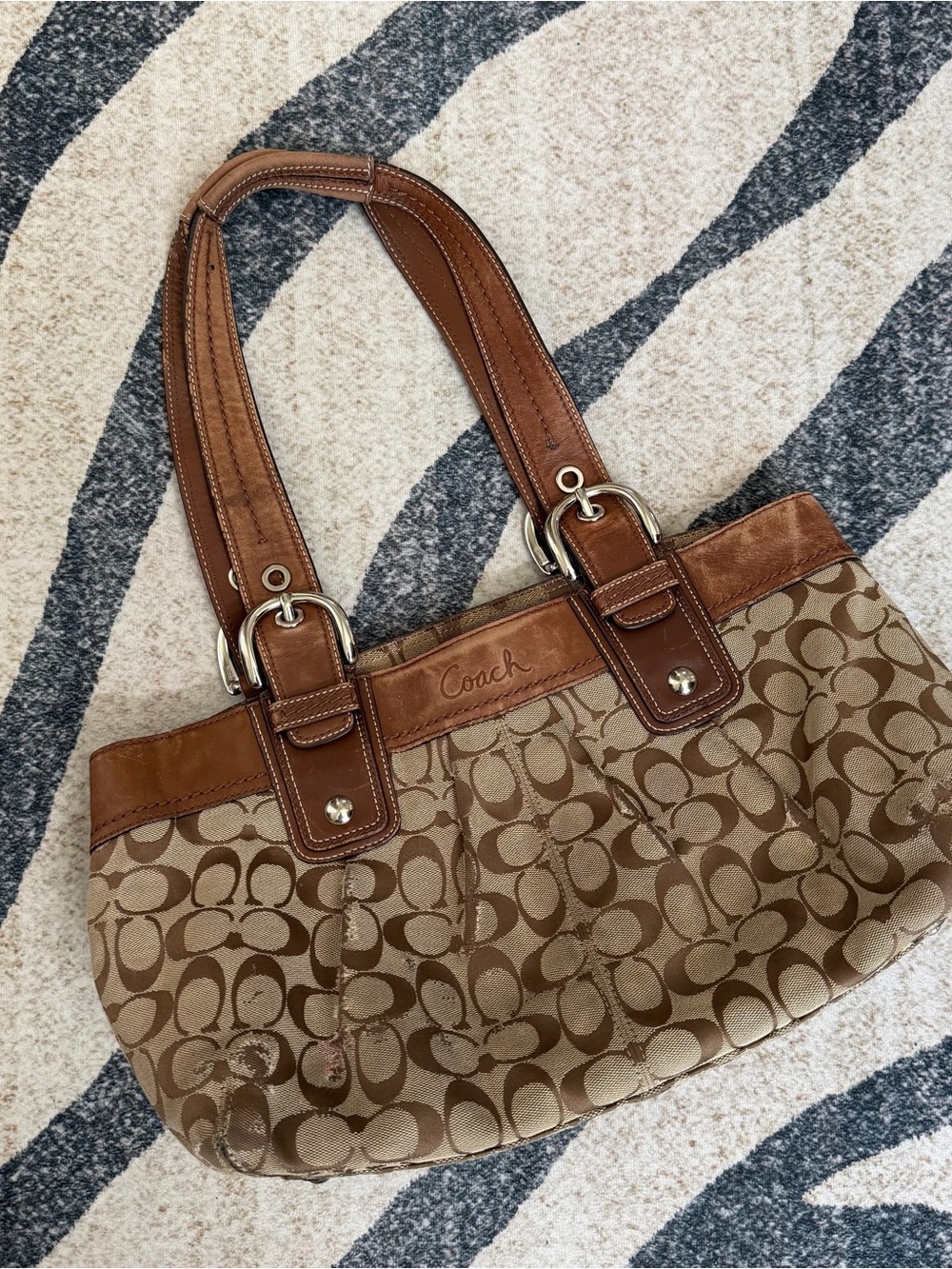 brown Coach Soho Pleated Signature Tote Bag (Model F13742)